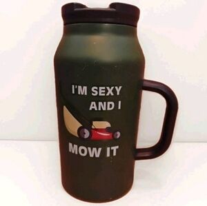 Green Travel Mug with Fun Lawn Mower Design